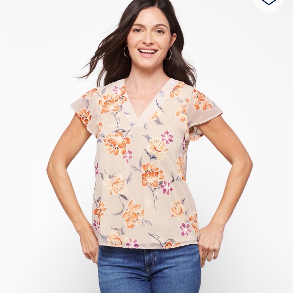 Papermoon Beige Floral Short Sleeve V-Neck Tee